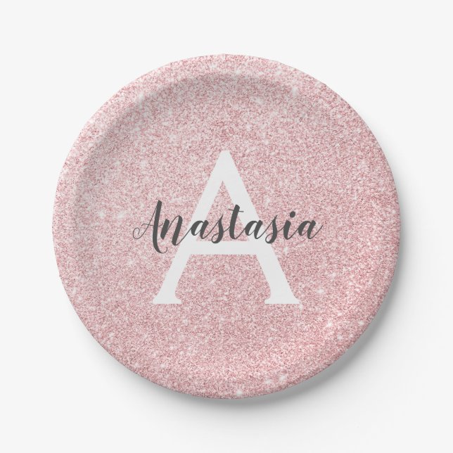 Chic & Trendige Roségold Glitter Funkeln Monogramm Pappteller (Vorderseite)