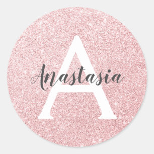 Chic & Trendige Roségold Glitter Funkeln Monogramm Runder Aufkleber