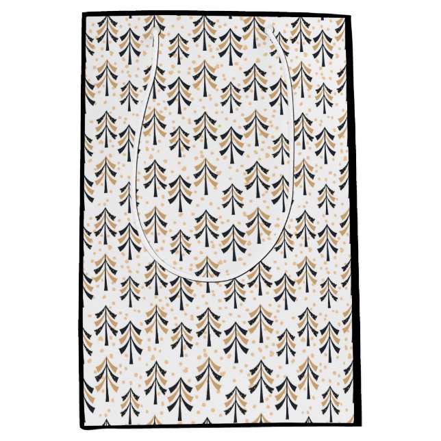 Chic Trendy Black Gold Weihnachtsbaumen Urlaub Mittlere Geschenktüte (Vorderseite)