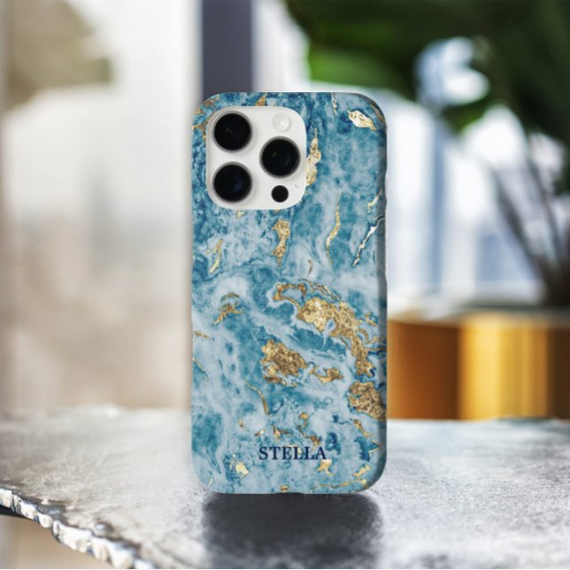 Chic Trendy Blue Gold Textur Personalisiert Case-Mate iPhone Hülle (Get elegant, chic, and fashionable with the trendy blue-gold marble texture art nail wrap design. )