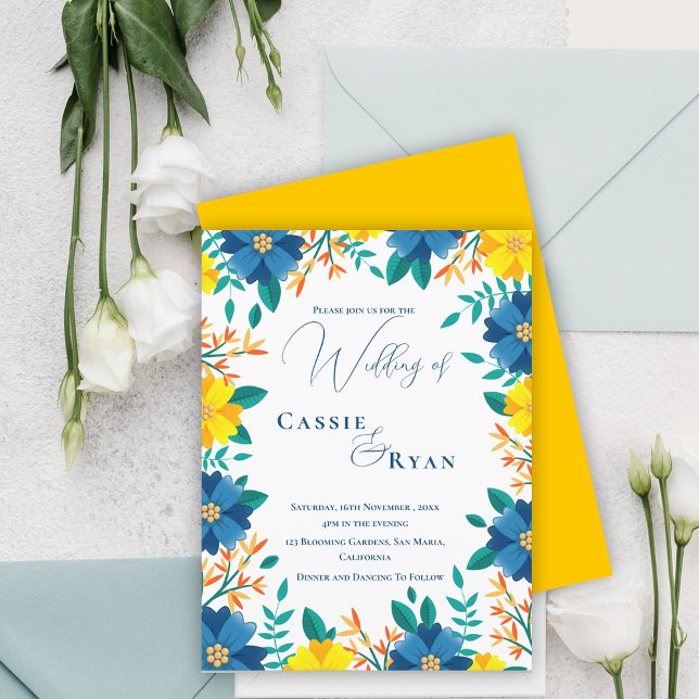 Chic Trendy Blue Yellow Floral Wedding Einladung Postkarte (Chic Trendy Blue Yellow Floral Wedding Invitation Postcard)