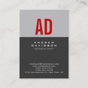 Chic Trendy Gray Strip Red Monogram Business Card Visitenkarte