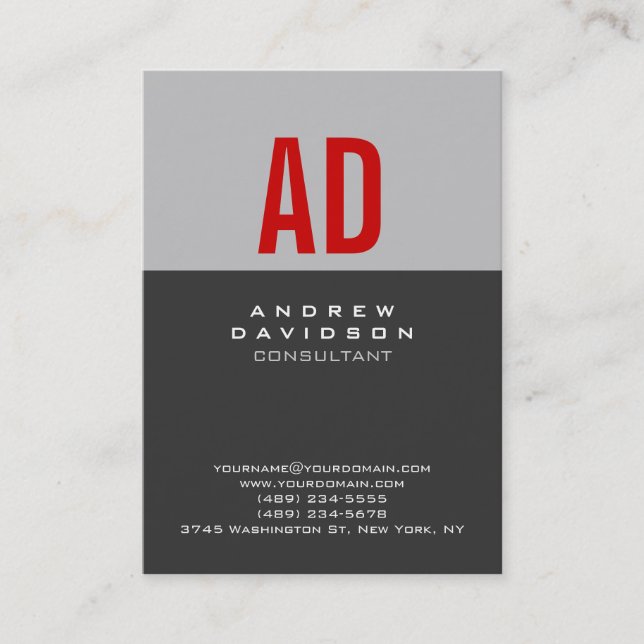 Chic Trendy Gray Strip Red Monogram Business Card Visitenkarte (Vorderseite)
