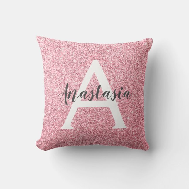 Chic & Trendy Rose Gold Glitzer Glitzern Monogram Kissen (Vorderseite)