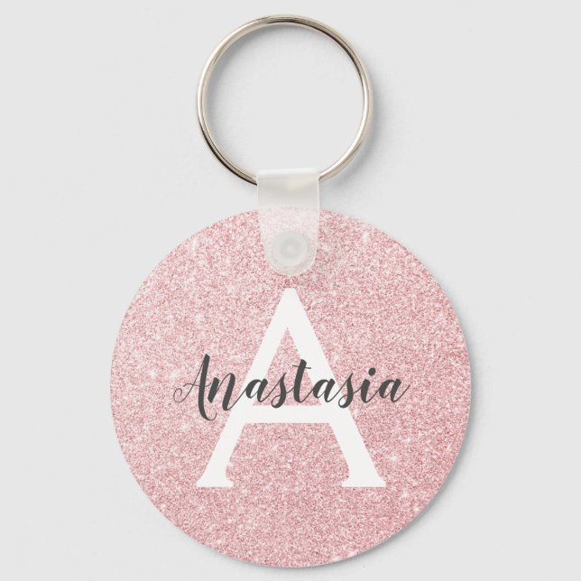 Chic & Trendy Rose Gold Glitzer Glitzern Monogram Schlüsselanhänger (Vorderseite)