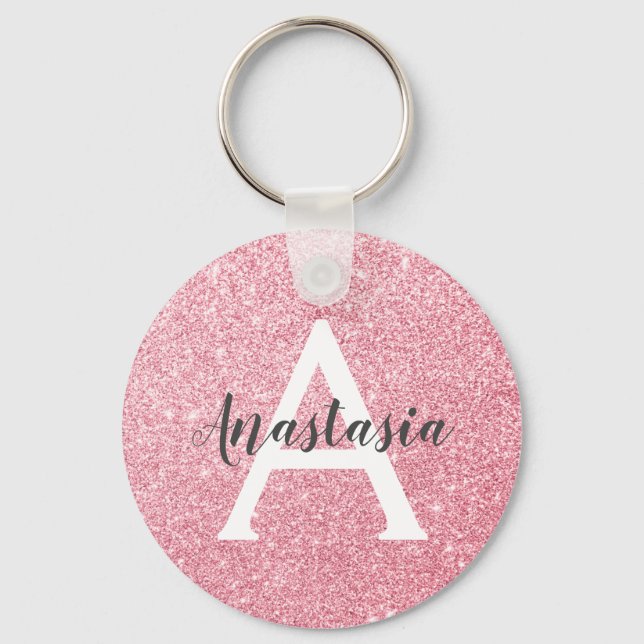 Chic & Trendy Rose Gold Glitzer Glitzern Monogram Schlüsselanhänger (Vorderseite)