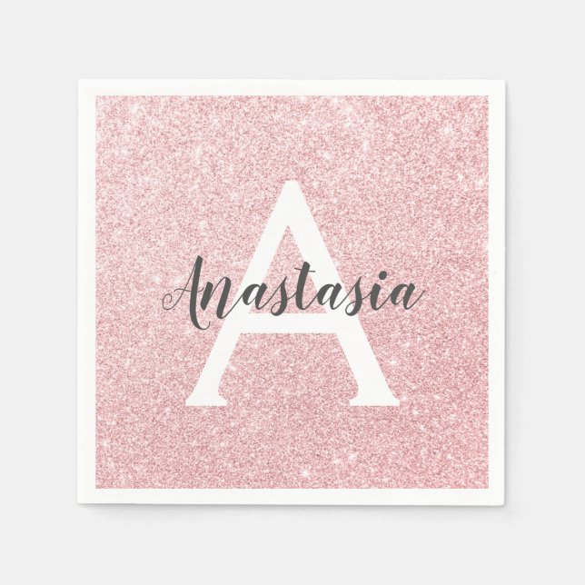Chic & Trendy Rose Gold Glitzer Glitzern Monogram Serviette (Vorderseite)