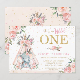 Chic Tribal Floral Elephant Wild 1. Geburtstag Einladung