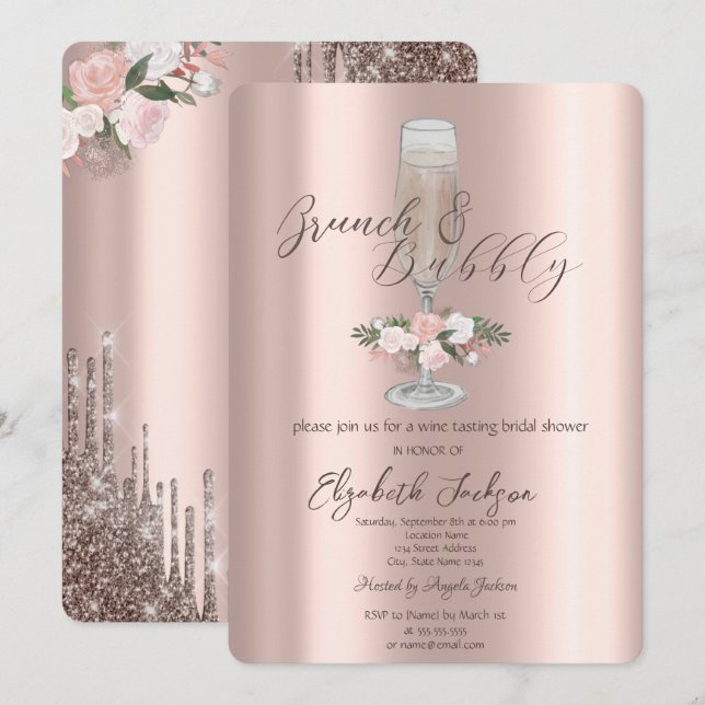 Chic Tropfen, Glas, Rose Brunch & Bubbly Einladung (Vorne/Hinten)