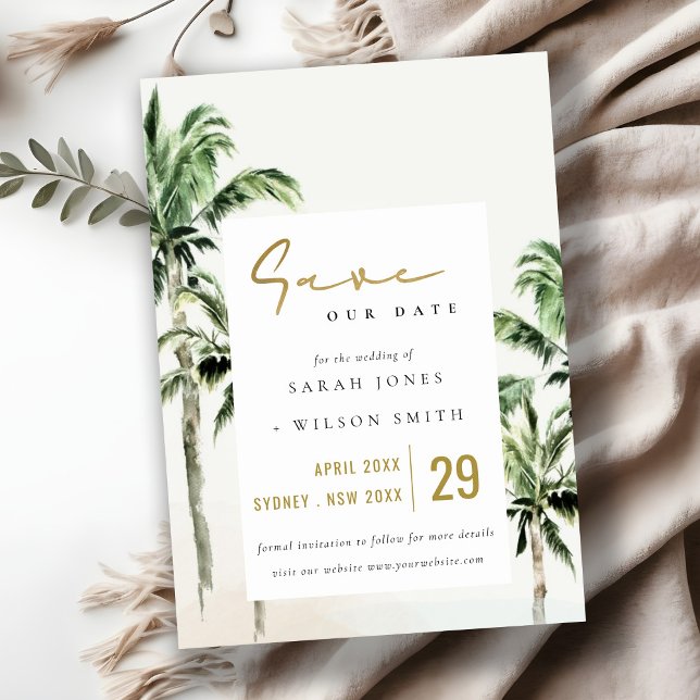 Chic Tropical Beach Palm Trees Wasserfarbenhochzei Save The Date (Von Creator hochgeladen)