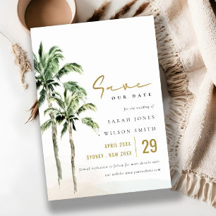 Chic Tropical Beach Palm Trees Wasserfarbenhochzei Save The Date