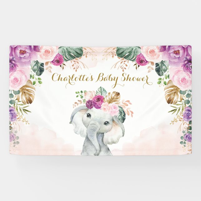 Chic Tropical Elephant Floral Greenery Baby Dusche Banner (Horizontal)
