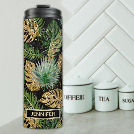 Chic Tropical Green Palm Blätter Gold Glitzer Name Thermosbecher