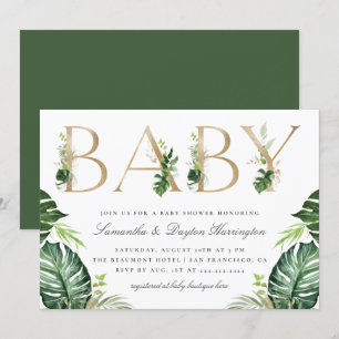 Chic Tropical Greenerenery Gold Typografie Babydus Einladung