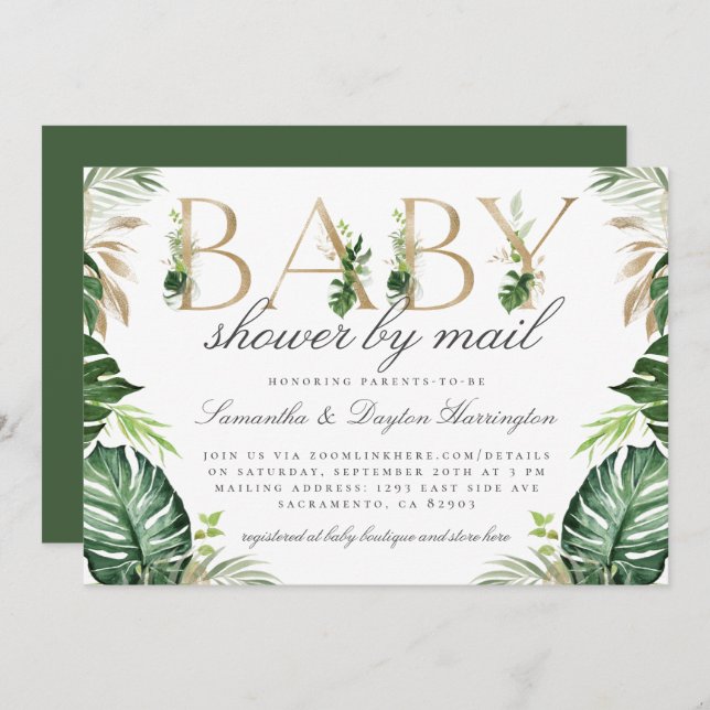 Chic Tropical Greenery Gold Baby Dusche per Mail Einladung (Vorne/Hinten)