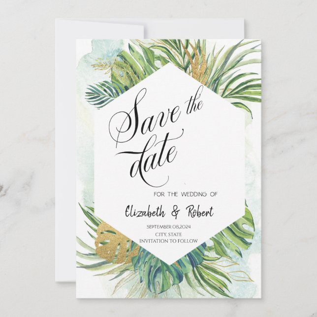 Chic Tropical Palm Blätter Sommer Save the Date (Vorderseite)