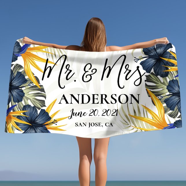 Chic Tropical Personalisiert Mr & Mrs Custom Strandtuch (Chic Tropical Personalized Mr. & Mrs. Custom Beach Towel)