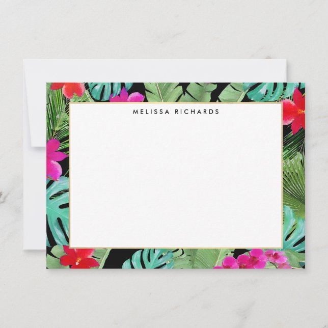 Chic Tropical Print Black Flat Note Card (Vorderseite)