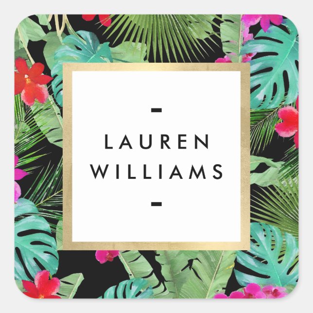 Chic Tropical Print Watercolor Designer Black Quadratischer Aufkleber (Vorderseite)