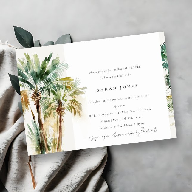 Chic Tropical Watercolor Palm Trees Brautparty Einladung (Von Creator hochgeladen)