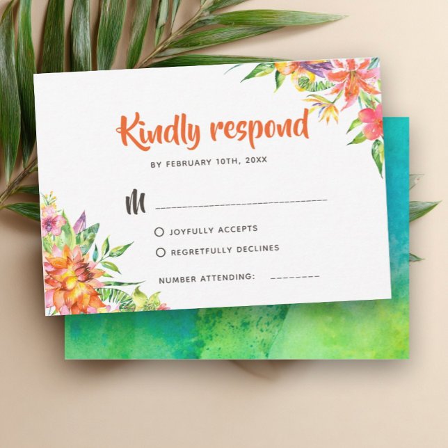 Chic Tropical Watercolor Summer Wedding RSVP Karte (Von Creator hochgeladen)