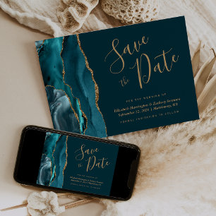 Chic Türkis Blau Gold Achat Dunkel Save the Date Einladung