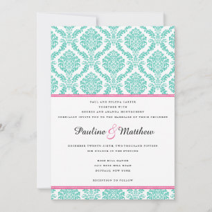 Chic Türkis Pink Damask Hochzeit Einladung