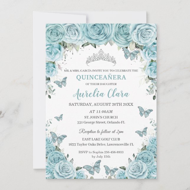 Chic Türkise Blue Floral Butterfliegen Quinceañera Einladung (Vorderseite)