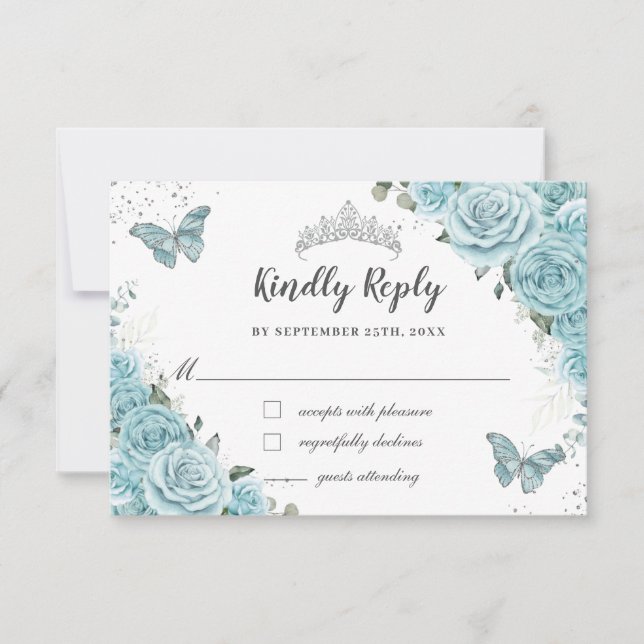 Chic Türkise Blue Floral Quinceñera Butterfliegen RSVP Karte (Vorderseite)