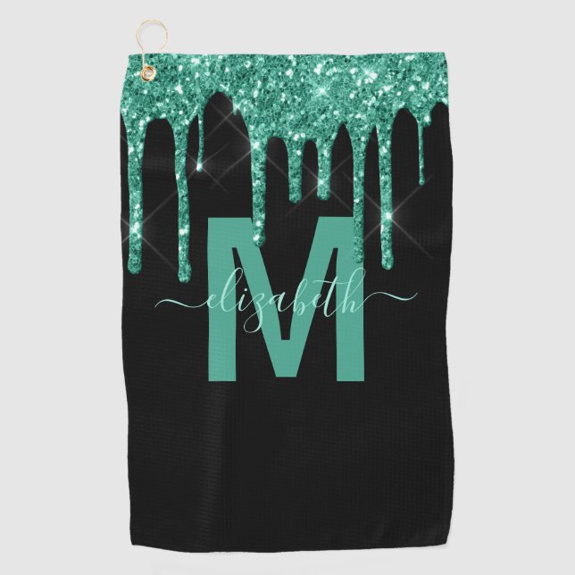 Chic Turquoise Drift Glitzer Monogram Name Golfhandtuch (Vorderseite)