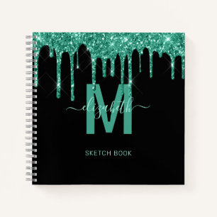 Chic Turquoise Driving Glitzer Monogram Sketch Notizbuch