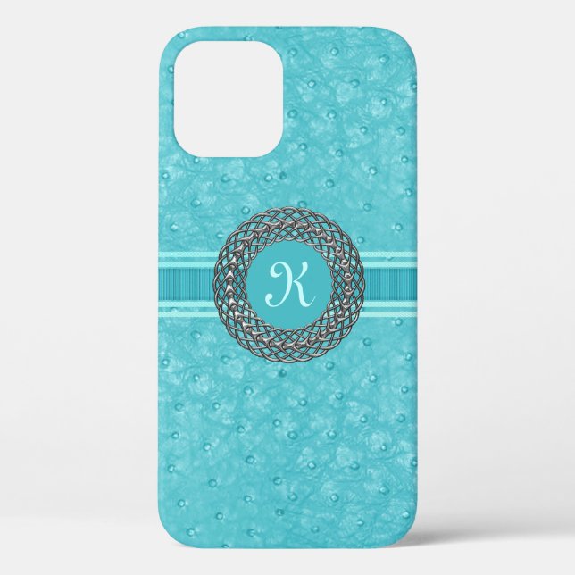 Chic Turquoise Straußenleder Look Monogram Case-Mate iPhone Hülle (Rückseite)