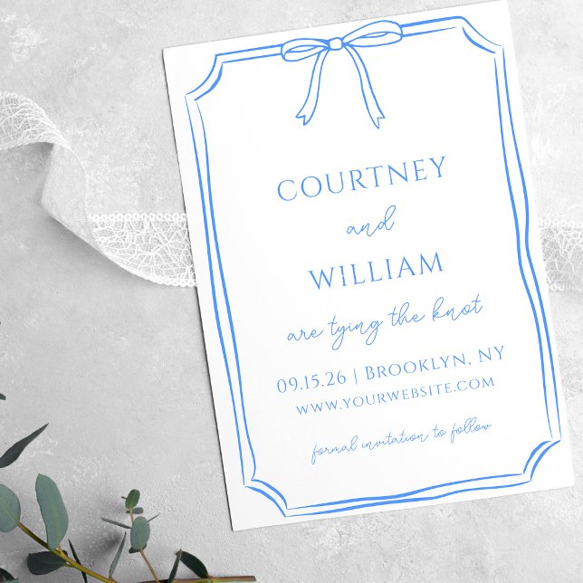 Chic Tying the Knoten Hand Gezeichnet Bow Whimsica Save The Date (Customize this sky blue wedding invitation for a fresh, modern touch to your special day.)