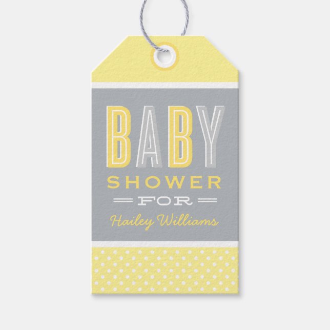 Chic Type Baby Dusche Gelb und Grau Geschenkanhänger (Vorderseite)