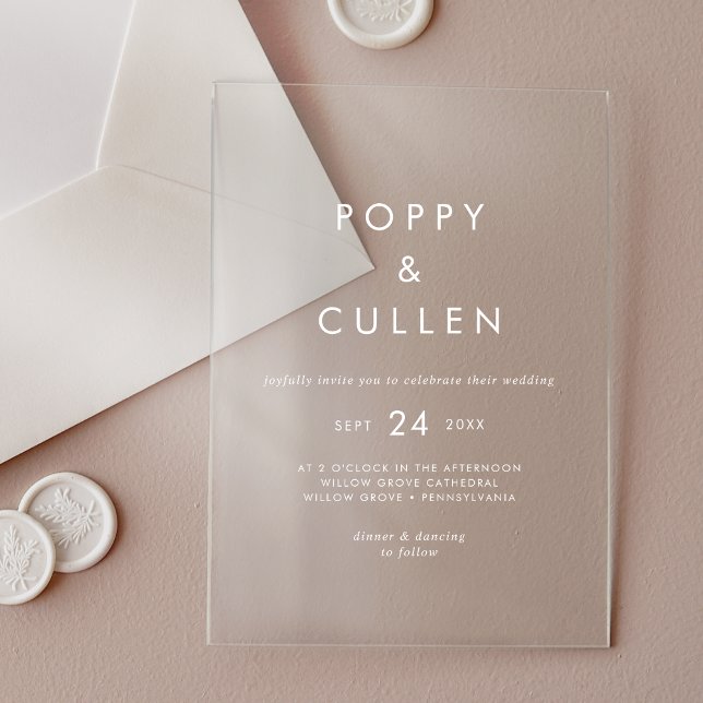 Chic Typografie White Modern Boho Simple Wedding Acryleinladungen (Chic Typography White Modern Boho Simple Wedding Acrylic Invitations)