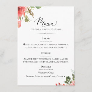 Chic Typografy Coral Floral Wedding Menükarte