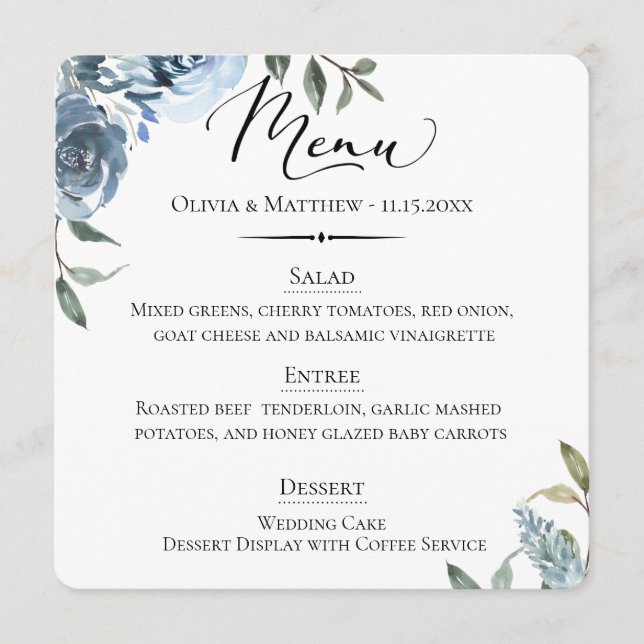 Chic Typografy Dusty Blue Botanical Wedding Menükarte (Vorderseite)