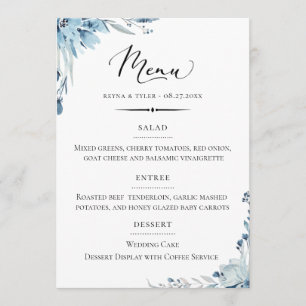 Chic Typografy Dusty Blue Floral Wedding Menükarte