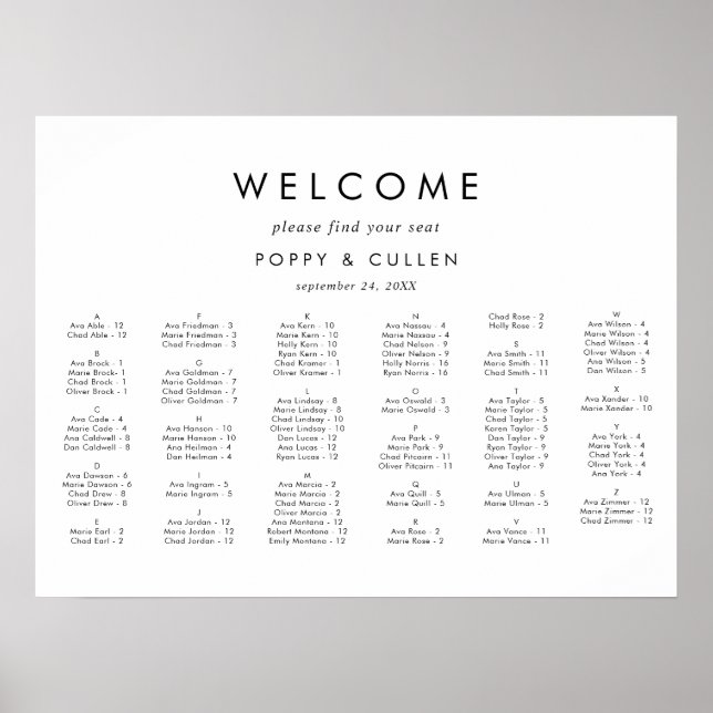 Chic Typografy Horizontal Seating Chart Poster (Vorne)