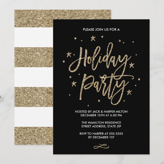 Chic Typografy Imitats Gold Glitzer Holiday Party Einladung (Vorne/Hinten)
