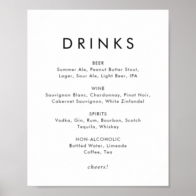 Chic Typografy Wedding Drinks Menu Sign Poster (Vorne)