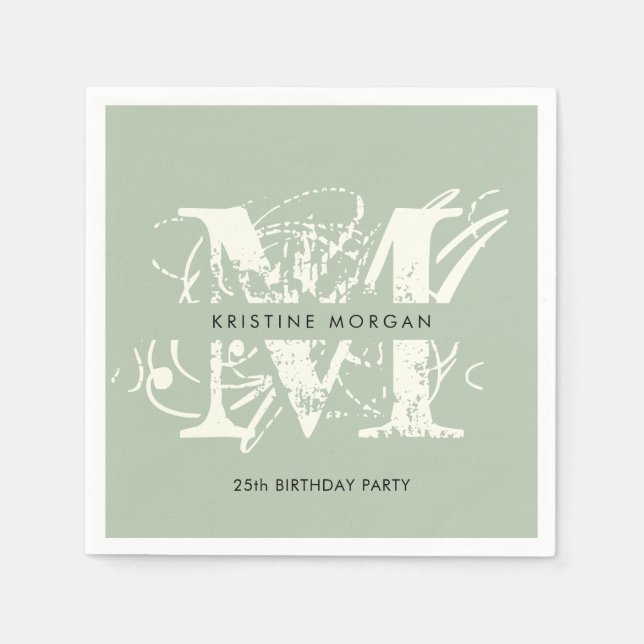 Chic typography sage green monogram name serviette (Vorderseite)