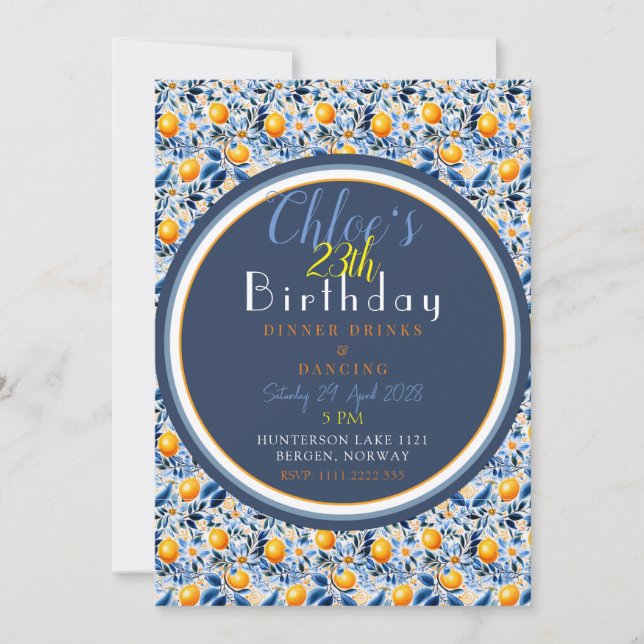Chic und detailliert Navy Blue und Citrus Geburtst Einladung (Vorderseite)