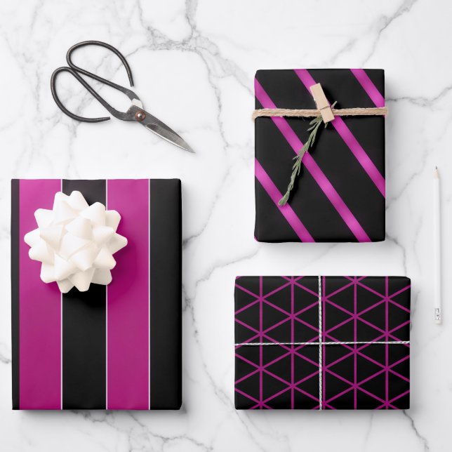 Chic und Elegant Magenta Rosa und Schwarzes Glossa Geschenkpapier Set (Vorderseite)