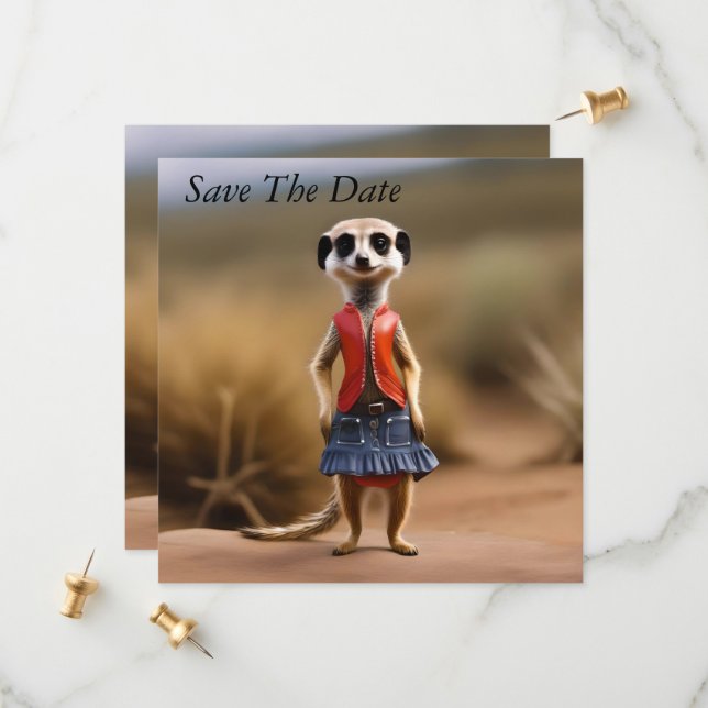 Chic und Stylish: Meerkat Girl in Skirt und Jacket Save The Date (Vorderseite/Rückseite Beispiel)