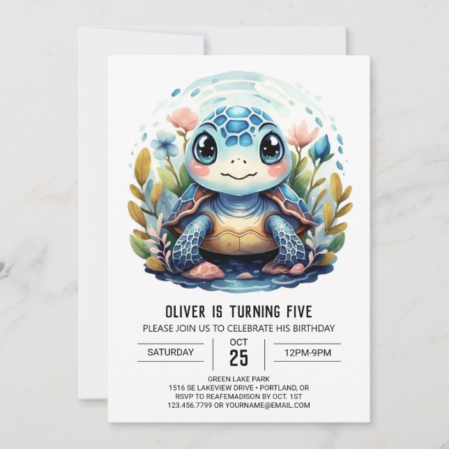 Chic Under Sea Blue Turtle Boy Birthday Einladung (Vorderseite)