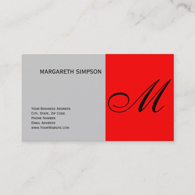 Chic Unique Monogram Gray Red Business Card Visitenkarte (Vorderseite)