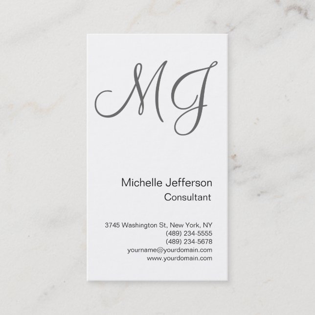 Chic Unique Monogram White Gray Business Card Visitenkarte (Vorderseite)