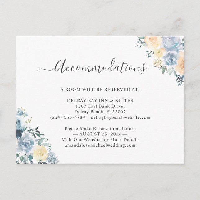 Chic Vanilla Blue Floral Unterkunft Karte (Vorderseite)