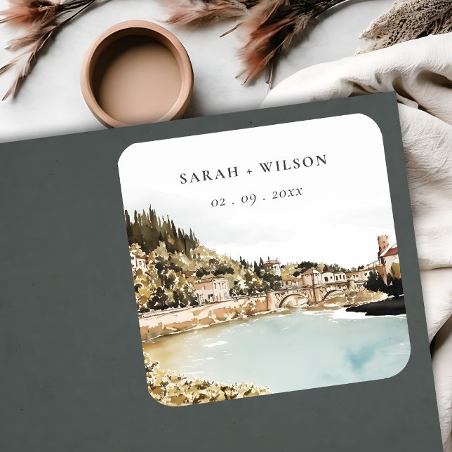 Chic Verona Adige Fluss Italy WasserfarbenWedding Quadratischer Aufkleber (Von Creator hochgeladen)